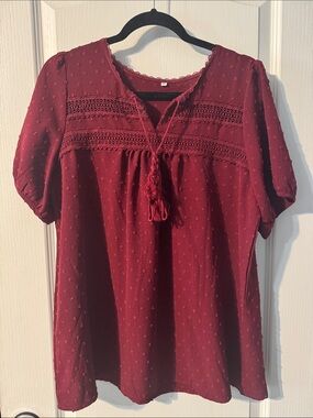 Women's Burgundy Tassel Peasant Top